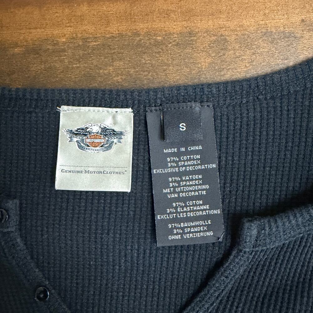 Harley-Davidson Black Thermal Long Sleeve Shirt Y2K Retro Women's Small V neck - Picture 3 of 11